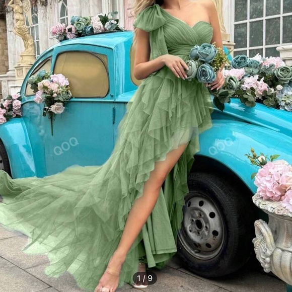 sage/green mesh one shoulder wedding guest dress - Picture 2 of 3